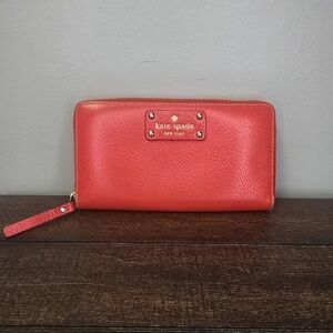 Kate Spade New York Saffiano Solid Red With Pink Inside Leather Zip Wallet